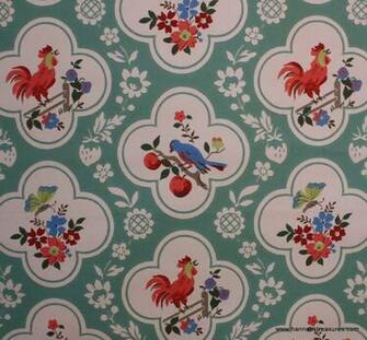 1940s Wallpaper Cherries Roosters Vintage