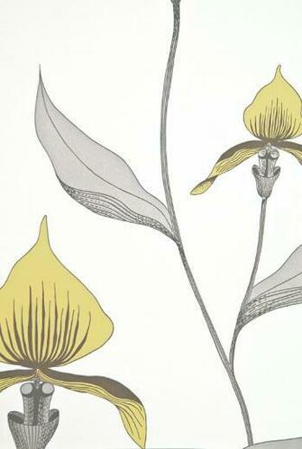 Wallpaper With Large Illustrated Orchid Design In Lemon Yellow And