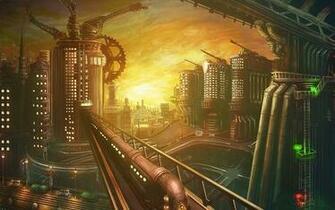 Late Afternoon Train Travelling Through A Steampunk City Wallpaper