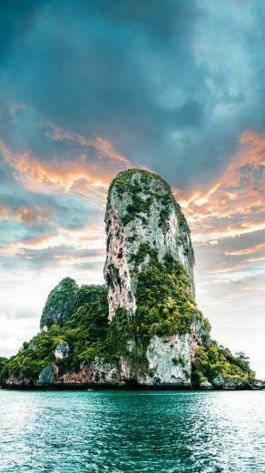 Island Green Ocean Water Blue Sky Clouds Nature