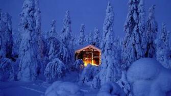 Snowy Spruce Forest With Log Cabin In Riisitunturi National Park