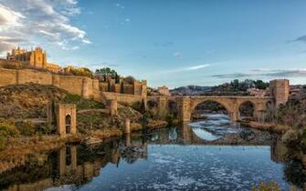 Wallpaper Spain Toledo Bridge River City Grass HD