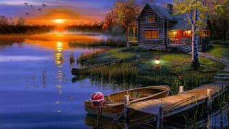 Sunset At The Lakeside House Wallpaper Fantasy