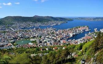 Image Cities Norway River Bergen Houses From Above