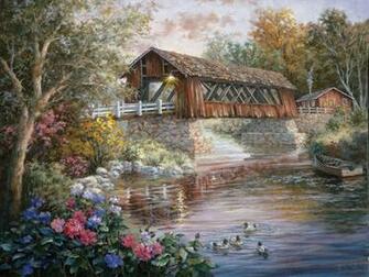 Covered Bridge Over Stream Wallpaper
