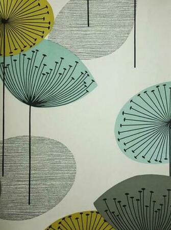 Wallpaper Stone With Dandelion Clocks In Aqua Lime And Grey