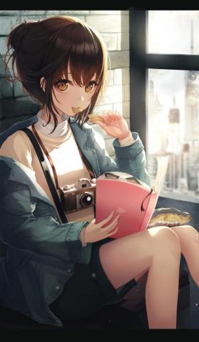 Anime Girls Camera Reading Brown Eyes Brunette Original