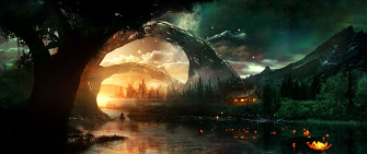 Wallpaper River House Art Night Starry Sky