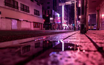 Wallpaper Street Puddle Neon Light Night 4k
