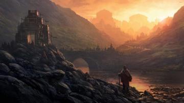 Nomad Heading To The Kingdom Wallpaper Mountain Town Fantasy Art