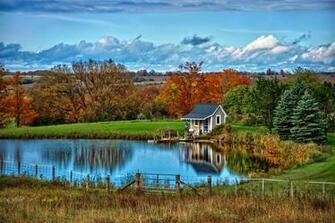 Landscape Nature Autumn Lake House Clouds Trees Wallpaper