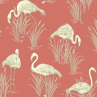 Vintage Lagoon Traditional Oriental Flamingo Textured Wallpaper
