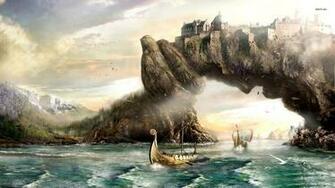 Viking Ship And The Kingdom On Arch Wallpaper