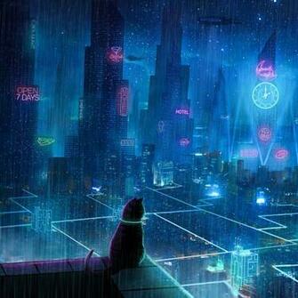 Wallpaper Cat Roof City Neon Lights