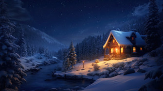 Winter Cabin Snow Forest Night Scenery 4k Wallpaper iPhone HD