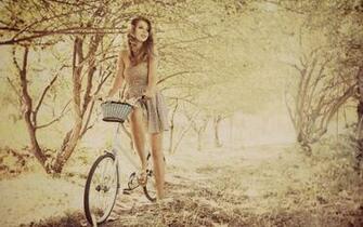 Beautiful Girl Riding Bicycle In Autumn Forest HD