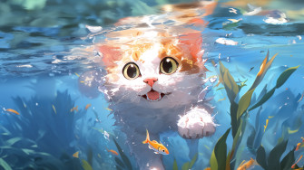 Anime Cat Swimming 4k Wallpaper