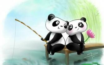 Animated Fishing Pandas Couple Romantic HD Photo Wallpaper