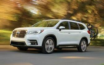 Subaru Ascent White Color On Highway Front Side Trees