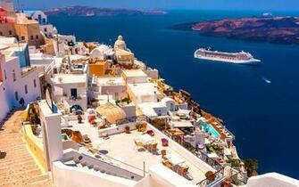 Wallpaper Santorini Greece Houses Sea Ship Sunshine
