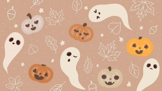 Aesthetic Halloween Background Cute Ghosts And Pumpkins Wallpaper