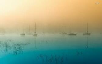 On A Foggy Lake Wallpaper Boats