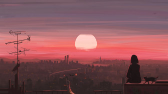 Sunset City Scenery Anime Girl Cat 4k Wallpaper iPhone HD Phone 4940i