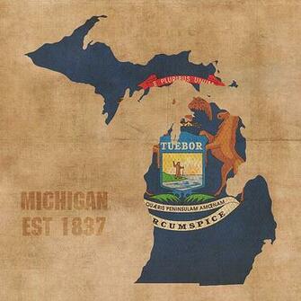 Michigan State Flag Map Outline With Founding Date On Worn Parchment