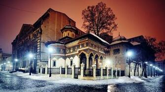 Wallpaper Romania Bucharest Winter Fence Street Night