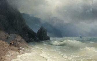 Painting Beach Ocean Fog Ship Boat People Waves Storm Wallpaper