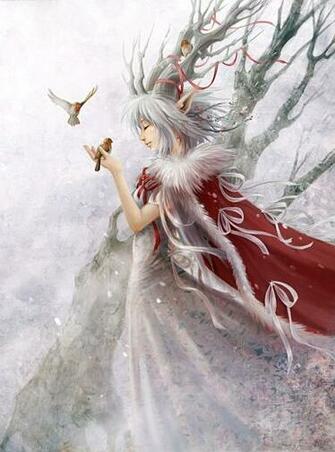 Animal Bird White Fairy Red Cloak Snow Tree Wallpaper Background
