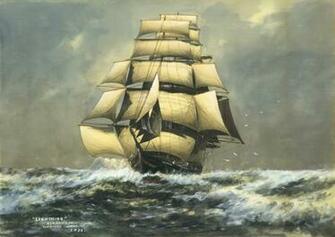 Clipper Ship Lightning H Shimidzu Watercolor On Silk Blue World