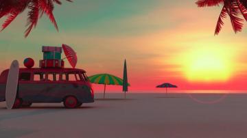Wallpaper 4k Picnic Van Beach Minimalism Artist