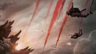 Godzilla Skydive Soldiers Paratroopers Smoke Sunlight Dinosaur