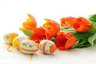 Easter Eggs Tulips Flowers Red Spring Holiday Wallpaper
