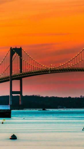 Newport Bridge Lights Lighthouse Dusk Rhode Island Usa