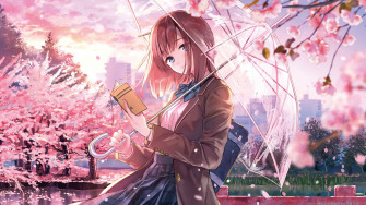 Anime School Girl Cherry Blossom Umbrella 4k Wallpaper iPhone HD