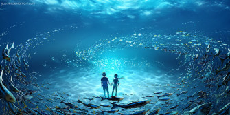 Anime Boy And Girl In The Middle Of Ocean With Fishes