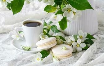 Wallpaper Leaves Flowers Coffee Spring Fabric Cake Macaroon