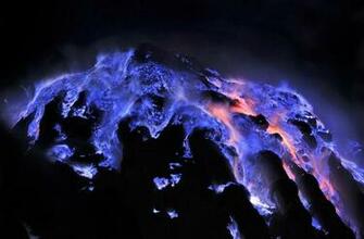 Flaming Molten Sulfur Flows Inside The Volcanic Crater