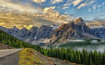 Mountain Peaks Forest Trees Clouds Beautiful HD Wallpaper