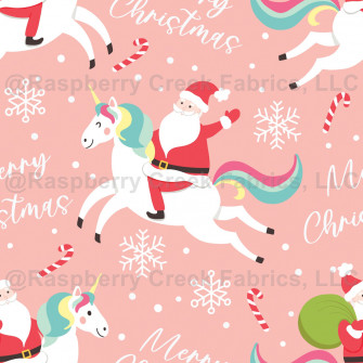 Santa Riding Unicorn Funny Christmas Fabric Pink Raspberry