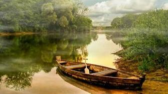 Canoe Trees Sea Fog Clouds Desktop Pc And Mac