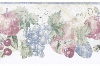 Blue Cream Stenciled Fruits Wallpaper Border