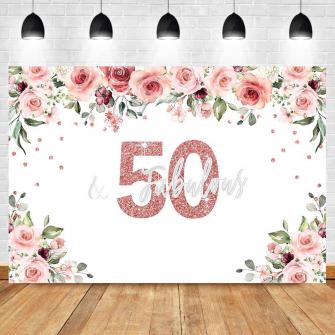 Neoback 50th BirtHDay Photo Backdrop Watercolor Flower Fifty