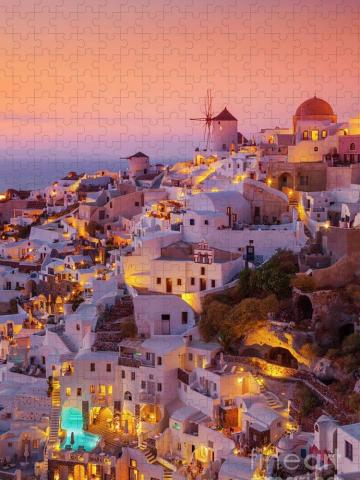 Windmill And White Houses At Sunset Oia Santorini Greece Jigsaw