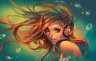 Wallpaper Look Water Girl Smile Headphones Art Sakimichan
