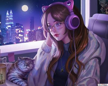Anime Girl Lofi Cat HD Wallpaper