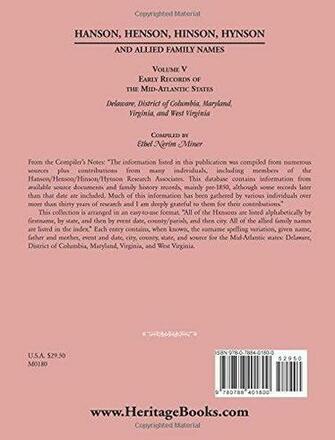 Hanson Henson Hinson Hynson And Allied Family Names Vol V Early