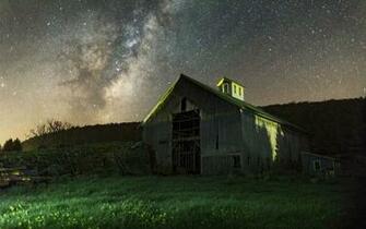 Barn Night Sky Star Forest Field Wallpaper